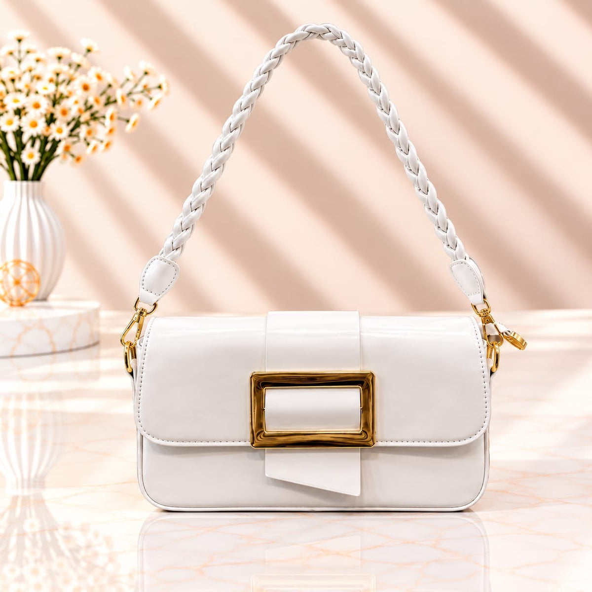 Imported Premium Glossy Leather Shoulder Bag – Double Belt & Inner Pocket