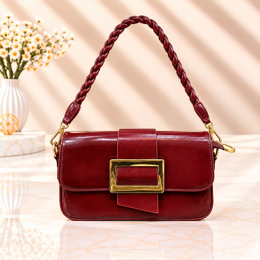 Imported Premium Glossy Leather Shoulder Bag – Double Belt & Inner Pocket