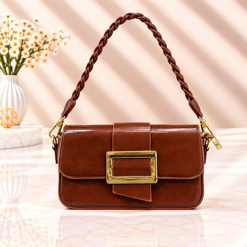 Imported Premium Glossy Leather Shoulder Bag – Double Belt & Inner Pocket