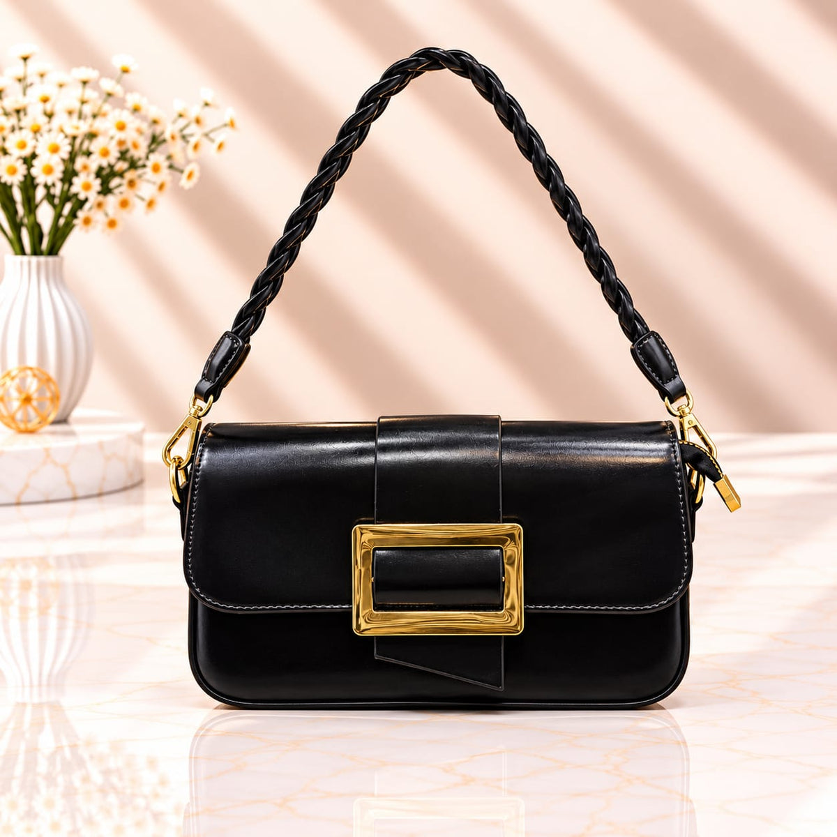 Imported Premium Glossy Leather Shoulder Bag – Double Belt & Inner Pocket